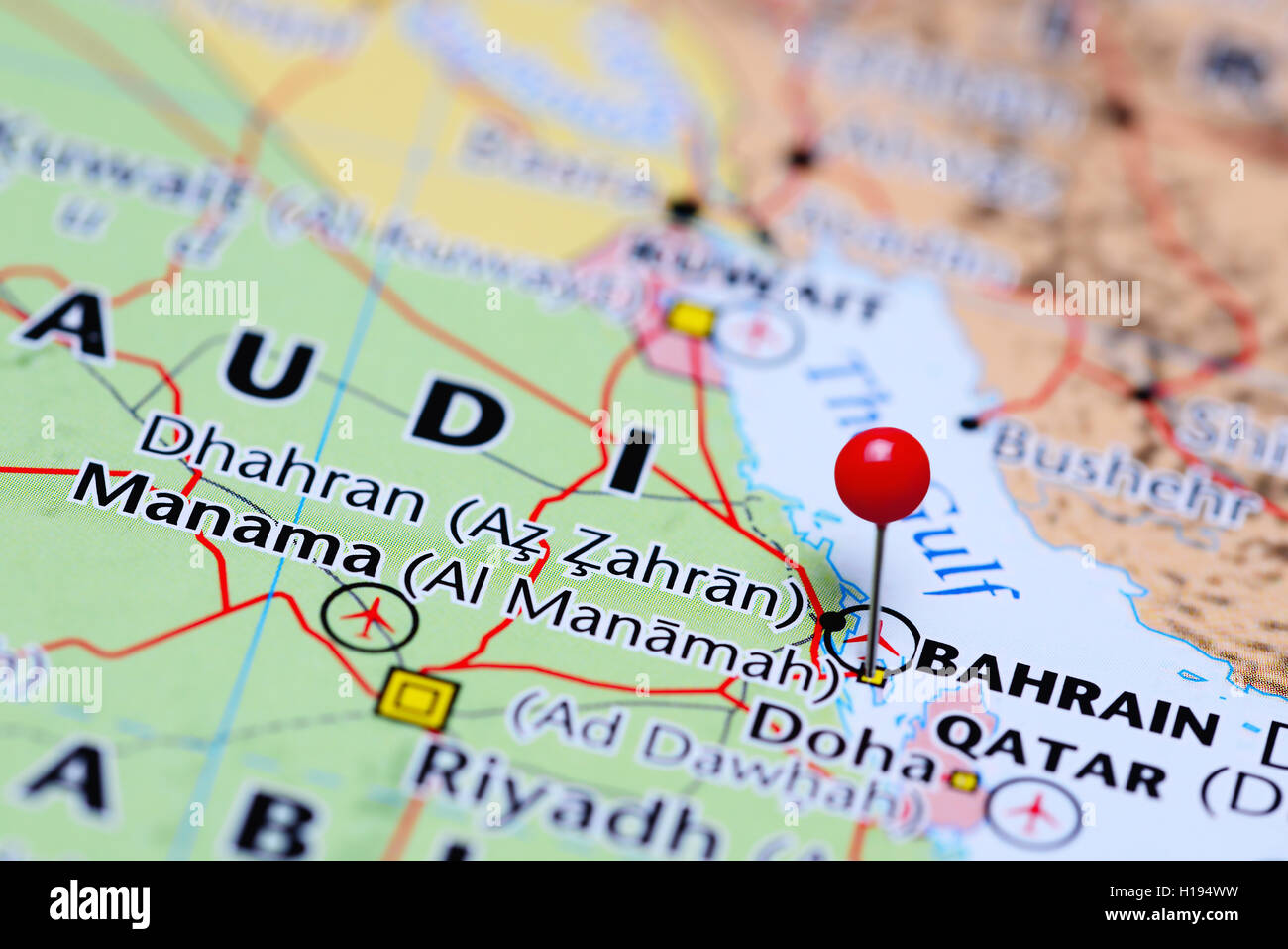 Manama pinned on a map of Bahrain Stock Photo - Alamy