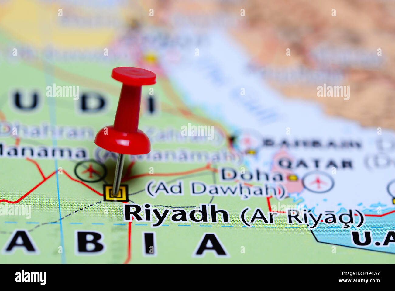 Riyadh pinned on a map of Saudi Arabia Stock Photo