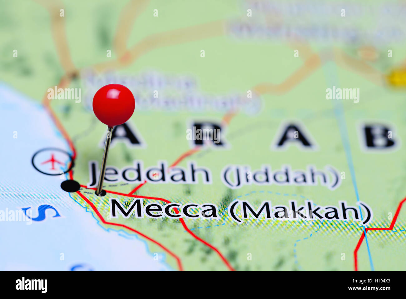 Mecca pinned on a map of Saudi Arabia Stock Photo
