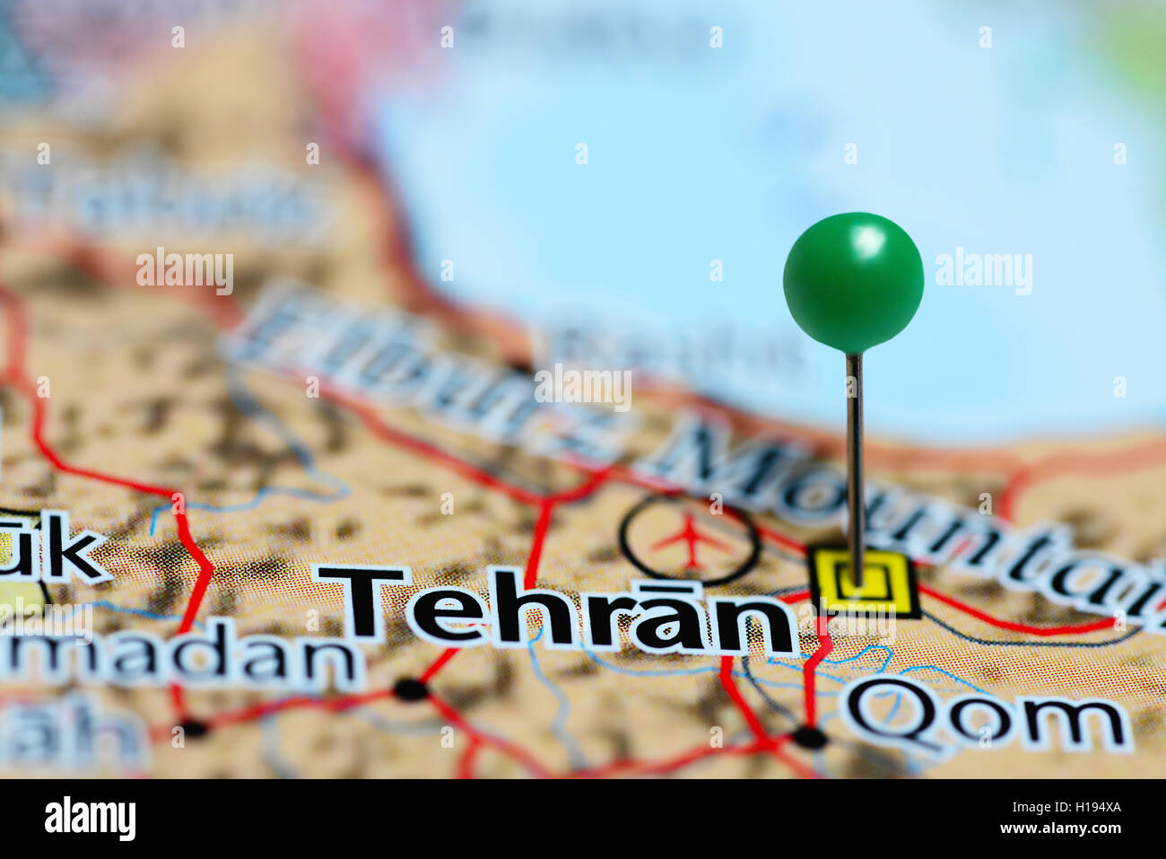 Tehran pinned on a map of Iran Stock Photo