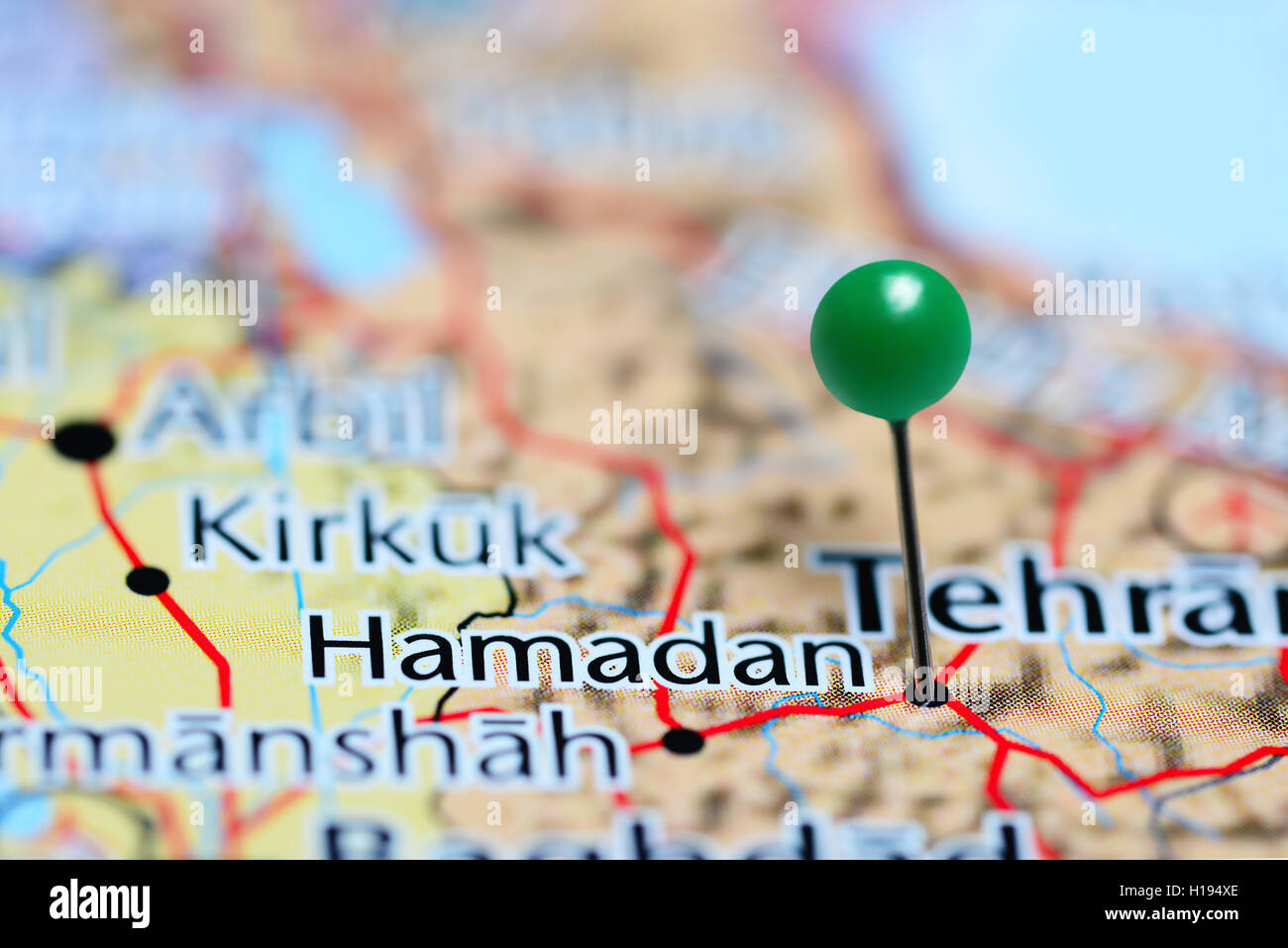 Hamadan pinned on a map of Iran Stock Photo