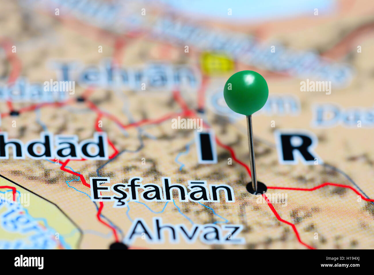 Esfahan pinned on a map of Iran Stock Photo