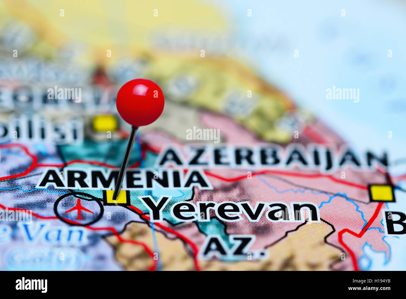 Yerevan pinned on a map of Armenia Stock Photo