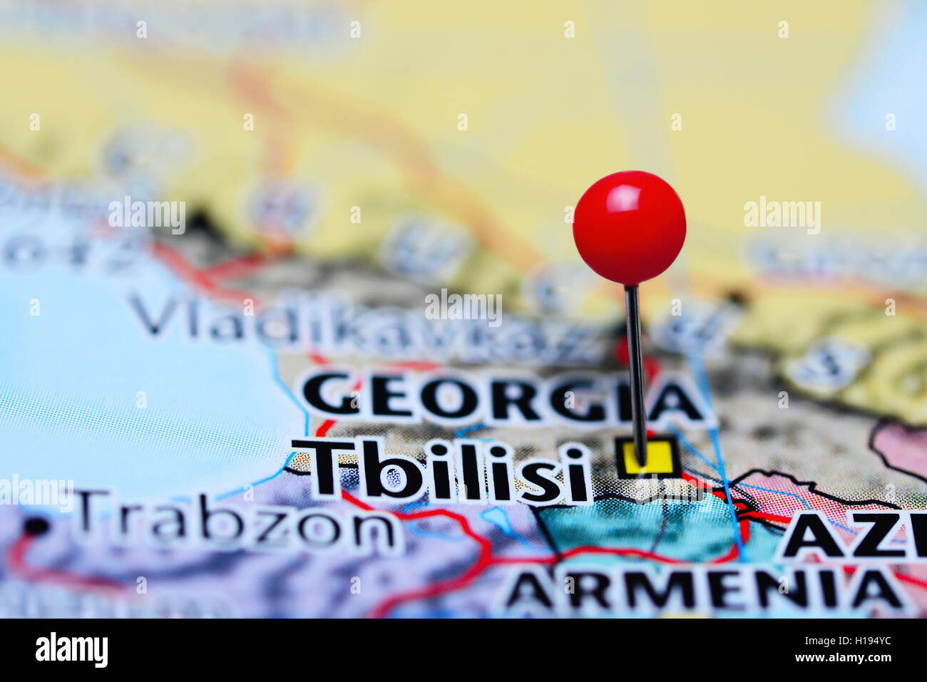 Tbilisi pinned on a map of Georgia Stock Photo