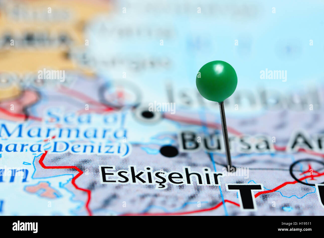 Eskisehir pinned on a map of Turkey Stock Photo