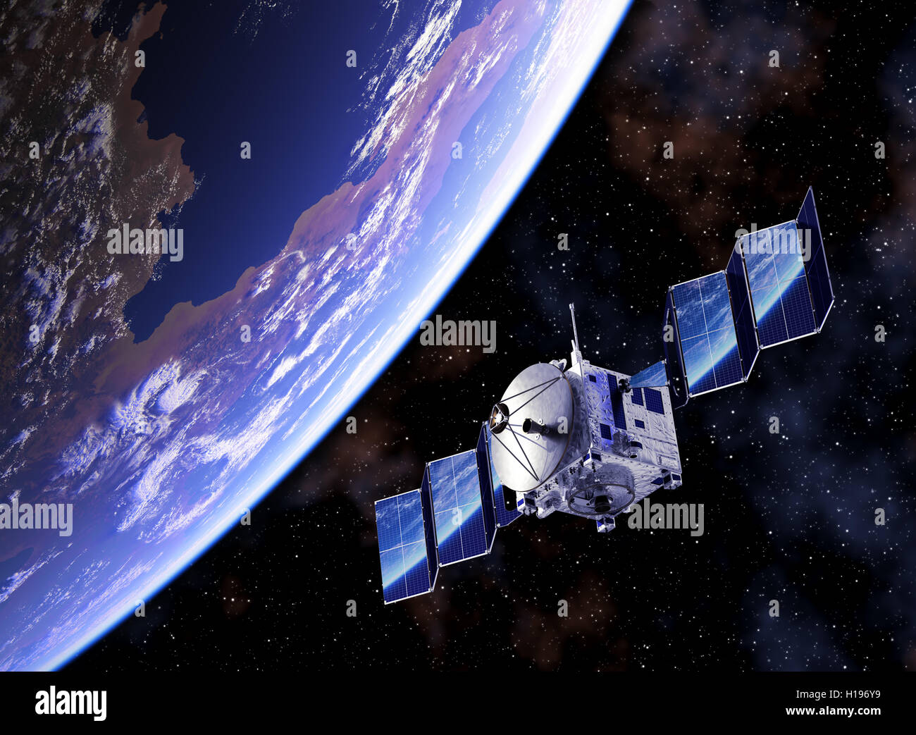 Satellite Deploys Solar Panels And Planet Earth Reflected In Them. 3D Illustration. Stock Photo