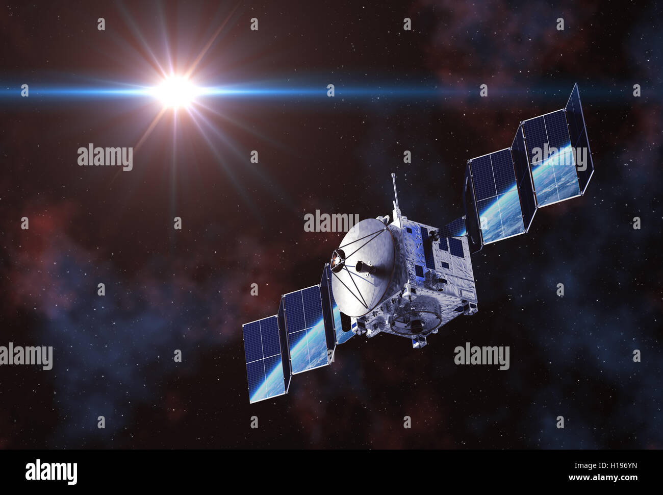 Satellite Deploys Solar Panels And Earth Reflected In Them. 3D Illustration. Stock Photo