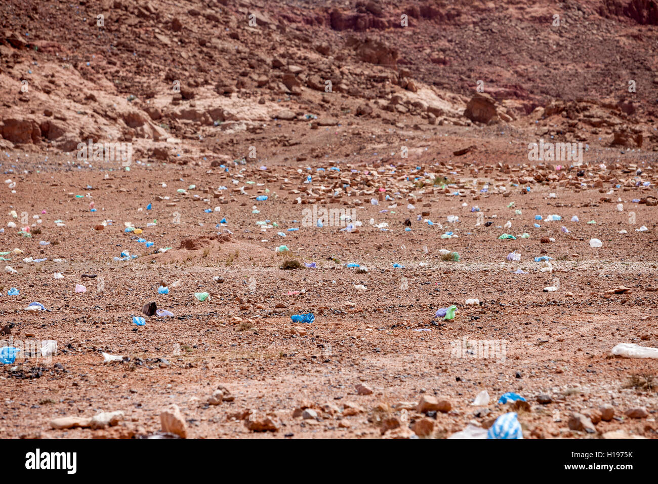 Tineghir, Morocco.  Plastic Waste Litters the Landscape. Stock Photo