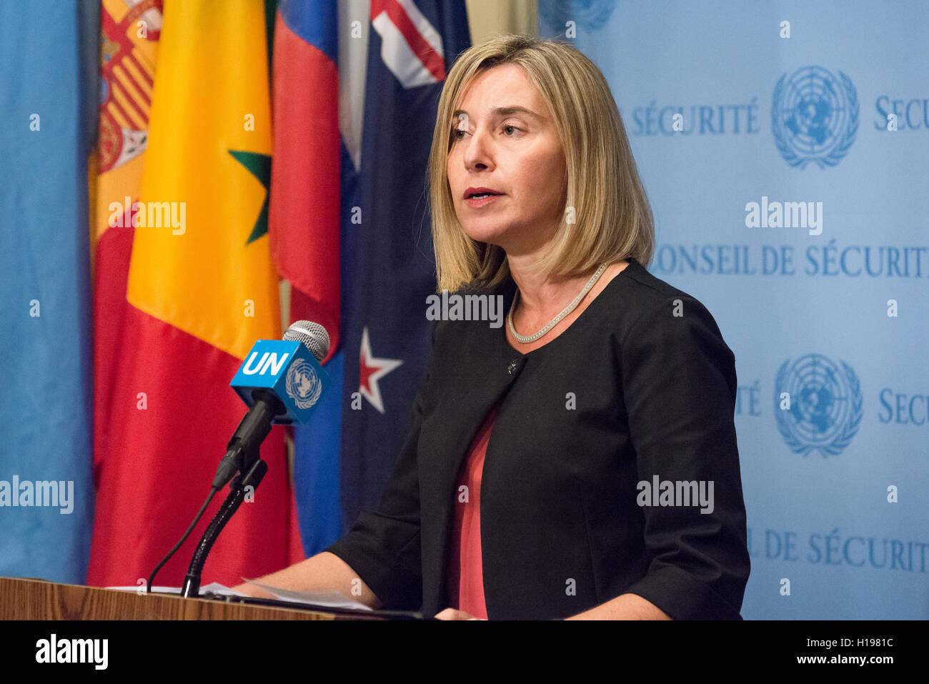 New York, United States. 22nd Sep, 2016. Following a meeting of the E3 3 - comprised of ministers from France Germany, U.K., United States, Russia, and China -- with Iranian Foreign Minister Zarif in the United Nations Security Council chamber, European Union High Representative Federica Mogherini spoke with the press regarding implementation and review of the Iran nuclear agreement, at UN Headquarters in New York. © Albin Lohr-Jones/Pacific Press/Alamy Live News Stock Photo