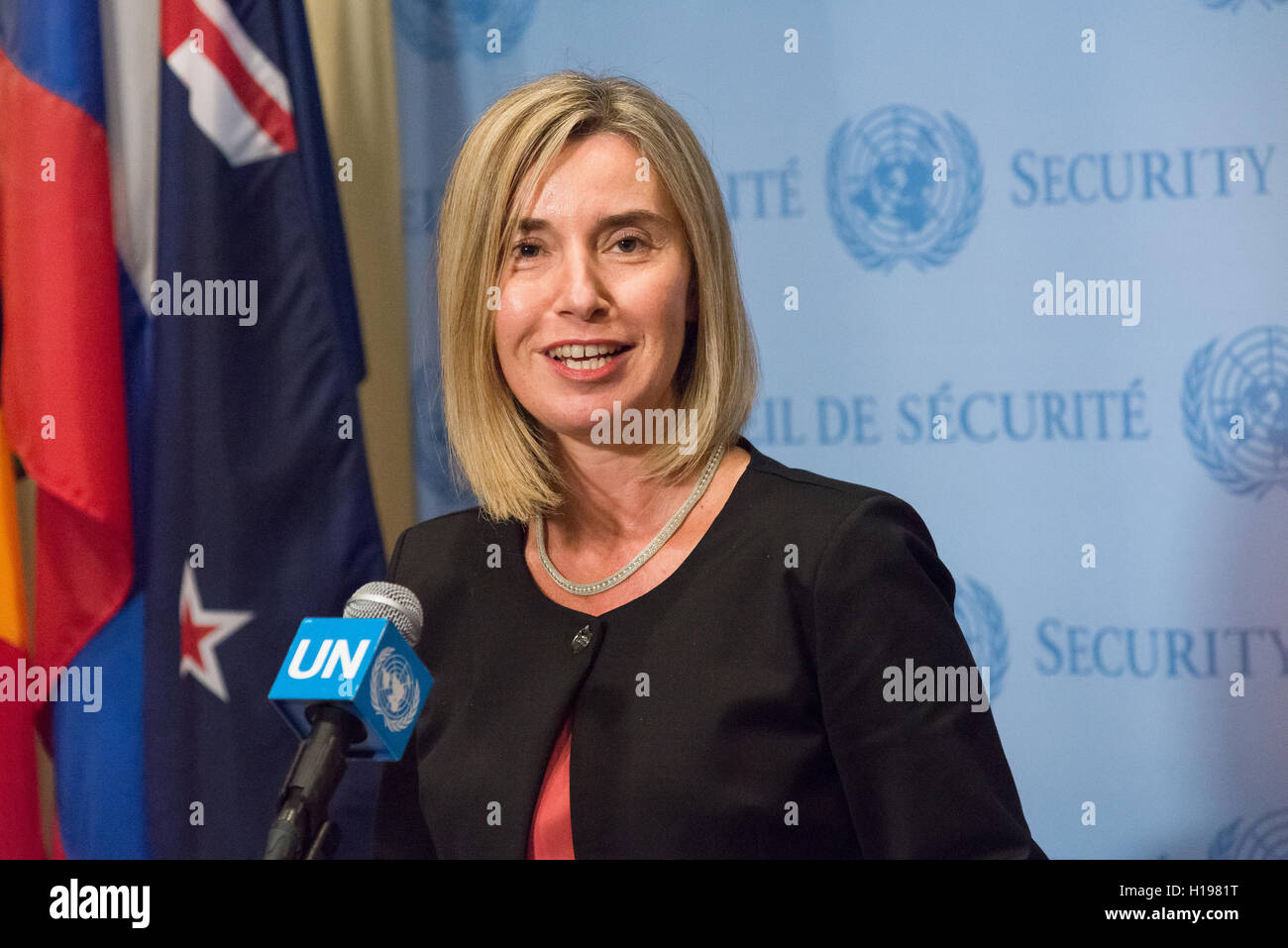 New York, United States. 22nd Sep, 2016. Following a meeting of the E3 3 - comprised of ministers from France Germany, U.K., United States, Russia, and China -- with Iranian Foreign Minister Zarif in the United Nations Security Council chamber, European Union High Representative Federica Mogherini spoke with the press regarding implementation and review of the Iran nuclear agreement, at UN Headquarters in New York. © Albin Lohr-Jones/Pacific Press/Alamy Live News Stock Photo