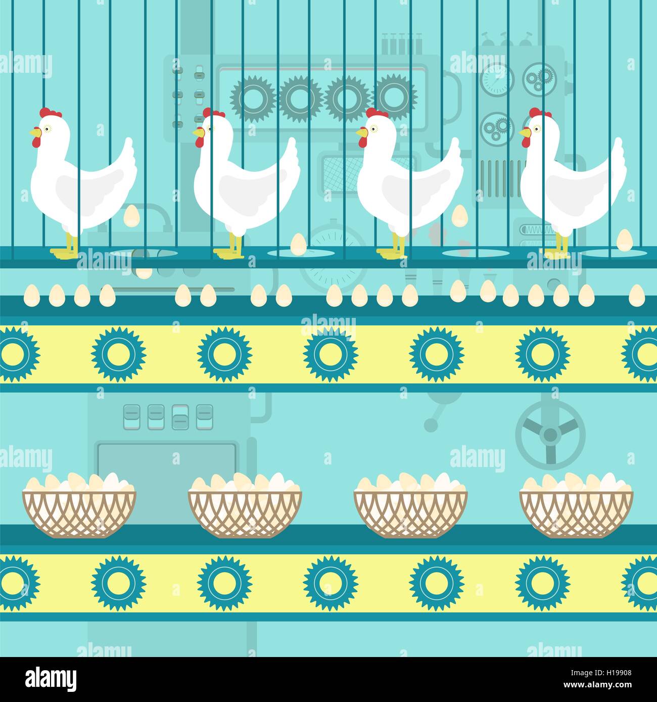 Chickens laying eggs on the conveyor. Eggs in a basket. Metaphor of