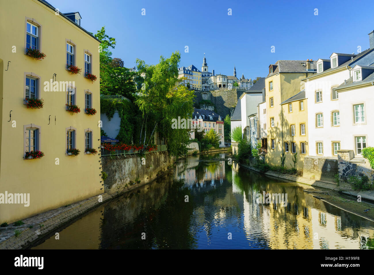 Beautiful Alzette river side scene on road Rue Munster of Luxembourg at ...