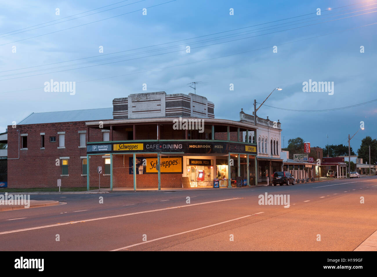 Currently the Holbrook Pizza Shop operating in historic buildings in Holbrook New South Wales Australia.. Stock Photo