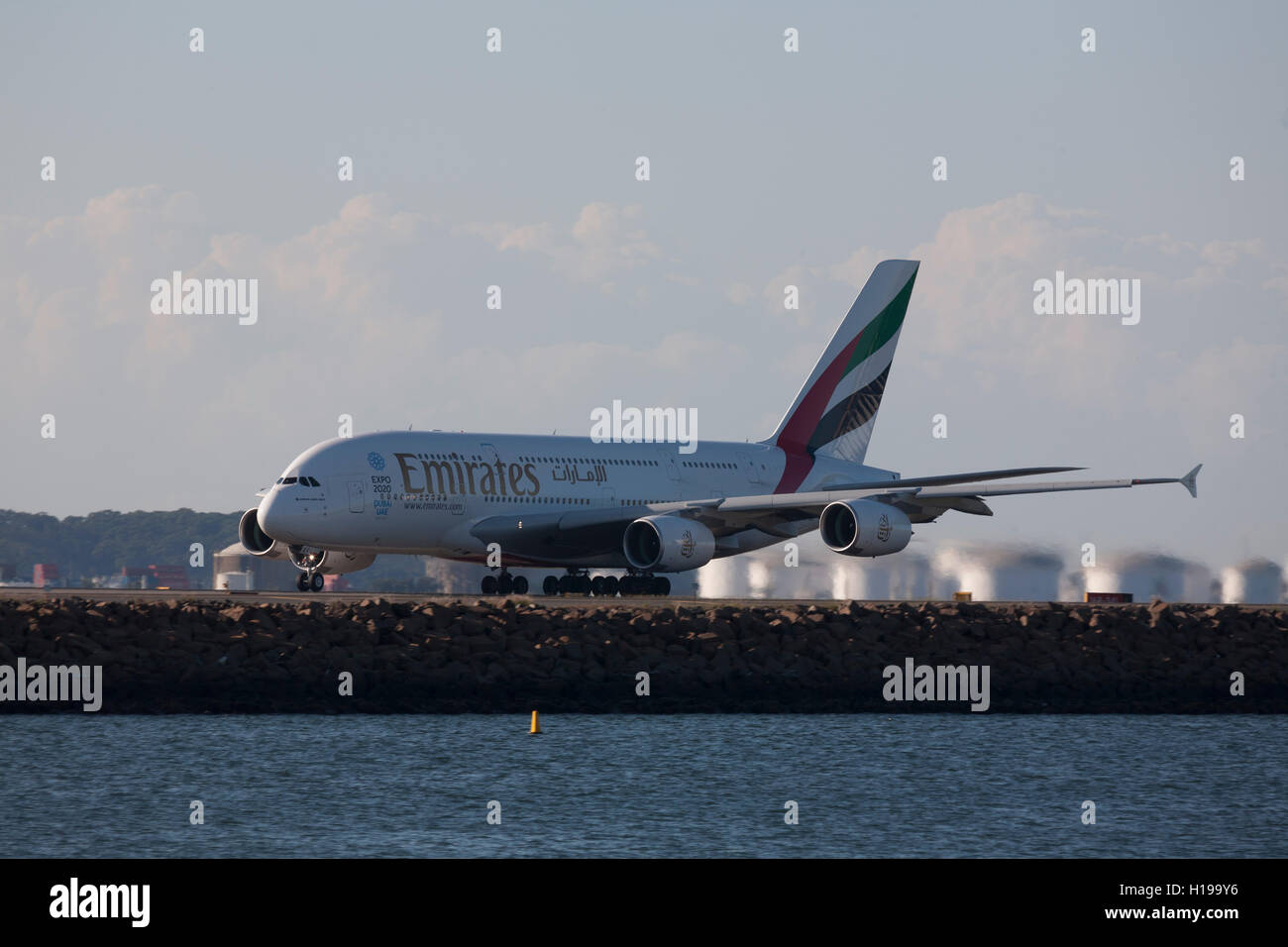 Emirates airlines A380 departing from Kingsford Smith International Airport Mascot Sydney Australia Stock Photo