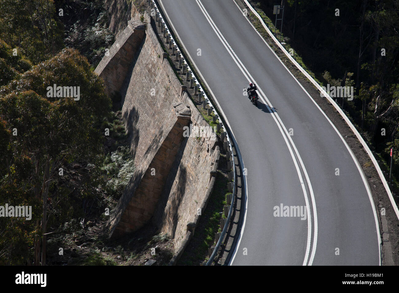 single motorcyclists travelling over the convict built Victoria Pass