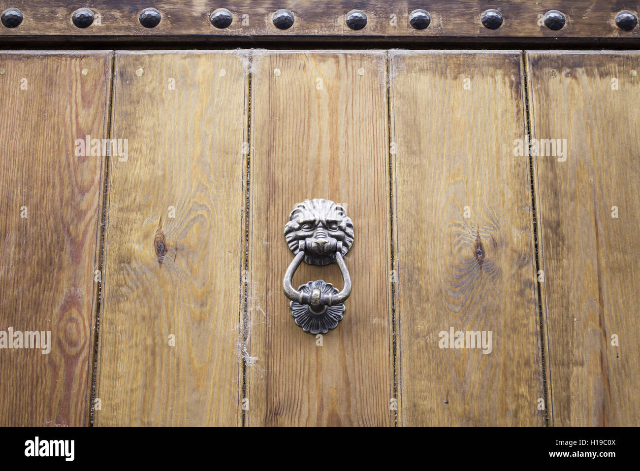 Lion iron antique wooden door, construction Stock Photo