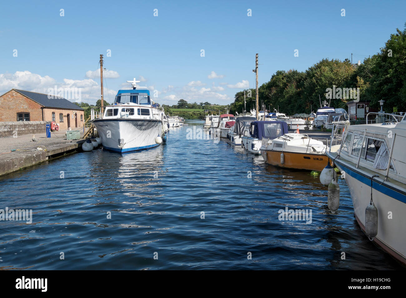 Cabin cruisers moored at Sharpness on the Gloucester and Sharpness canal, England UK Stock Photo