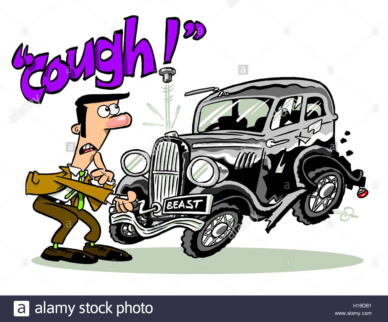 Cartoon caricature of man using crank to start an antique car with
