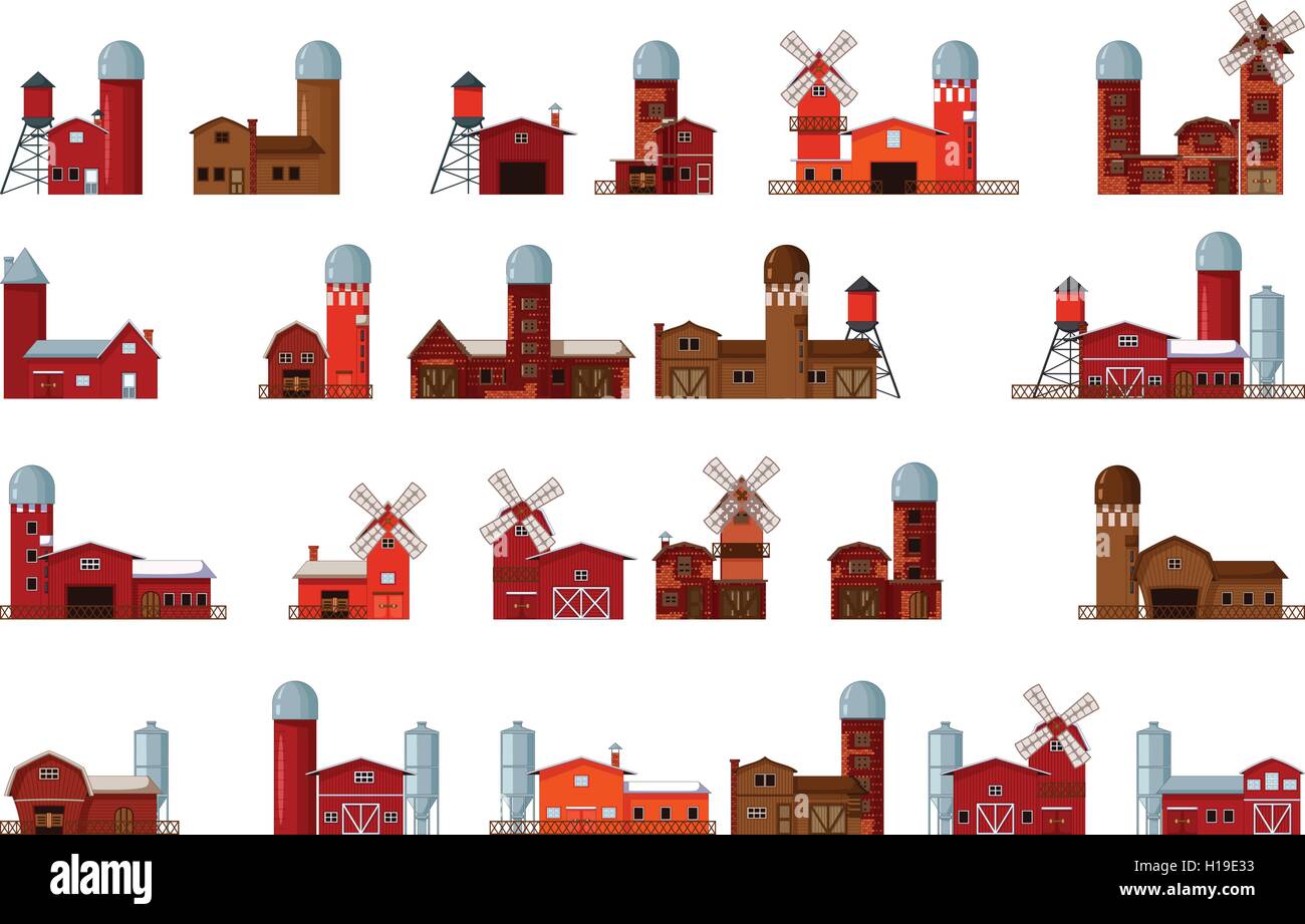 collection of different cartoon farm buildings Stock Vector