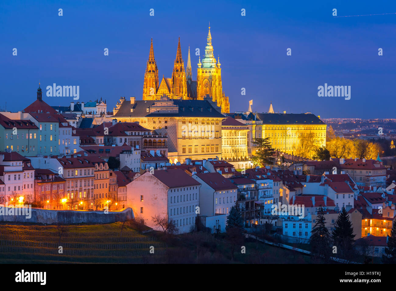 Gold Prague Castle at night, Czech Republic Stock Photo
