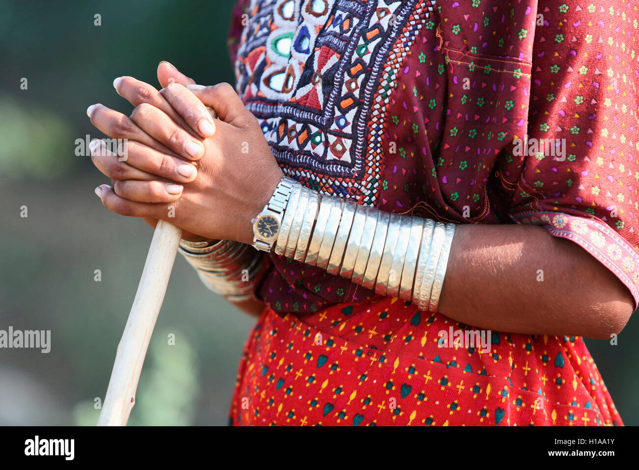 Fakirani Jat tribe, Woman wearing traditional silver jewelry, Kutch, Gujarat, India Stock Photo