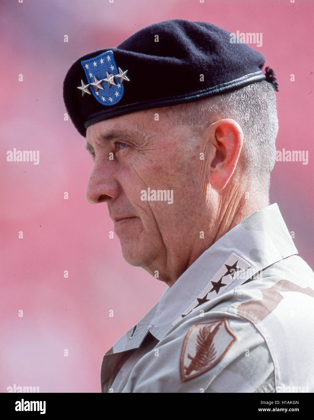 December 8, 2001 - Tampa, Florida, US - Tommy Ray Franks is a retired 4-star United States Army general. His last post was as the Commander of the U.S. Central Command, overseeing U.S. military operations in a 25-country region, including the Middle East. Franks was the U.S. general who led the attack on the Taliban in Afghanistan in response to the September 11 attacks on the World Trade Center and The Pentagon in 2001. He also led the 2003 invasion of Iraq and the overthrow of Saddam Hussein. Born June 17, 1945, he retired on July 7, 2003. (Credit Image: © Arnold Drapkin via ZUMA Wire) Stock Photo
