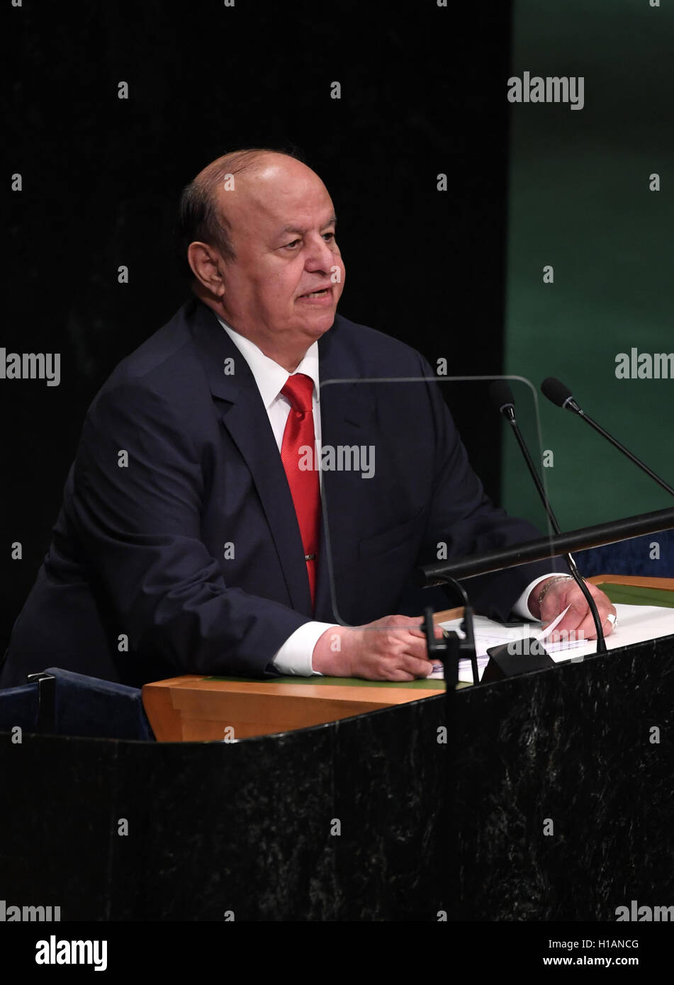 United Nations. 23rd Sep, 2016. Yemeni President Abd-Rabbu Mansour Hadi addresses the 71st session of United Nations General Assembly during the general debate at the UN headquarters in New York, Sept. 23, 2016. © Yin Bogu/Xinhua/Alamy Live News Stock Photo