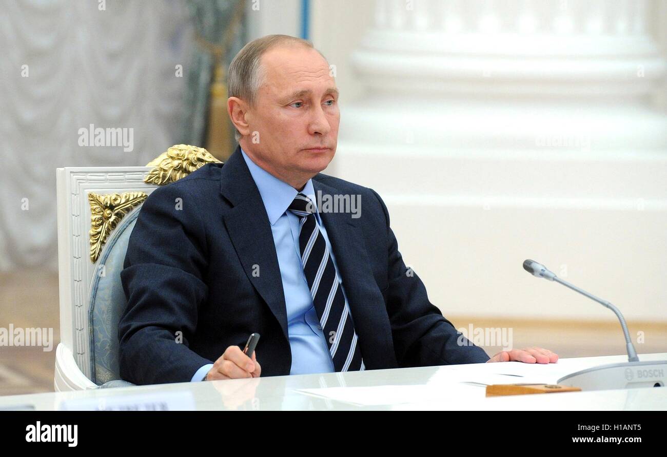 Russian President Vladimir Putin during a meeting with leaders of political parties following the results in national elections at the Kremlin September 23, 2016 in Moscow, Russia. Stock Photo