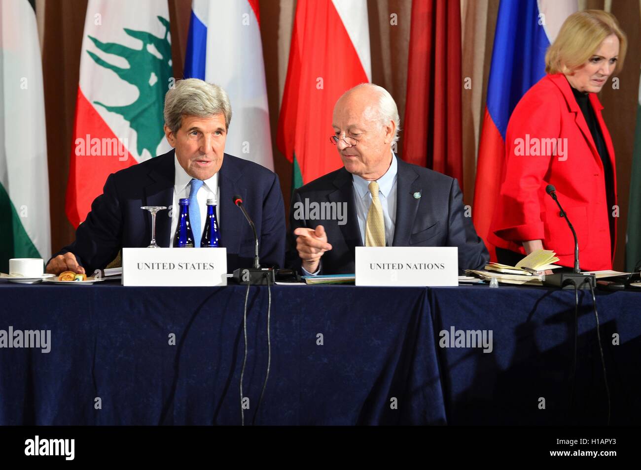 U.S. Secretary of State John Kerry alongside U.N. Special Envoy for Syria Staffan de Mistura during the International Syria Support Group meeting at the Palace Hotel September 22, 2016 in New York, New York. Stock Photo