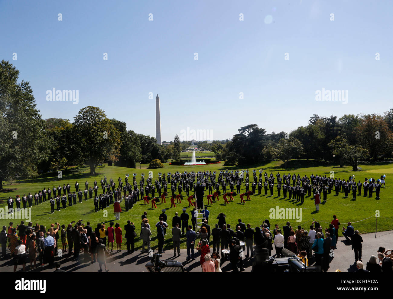 Washington DC, USA. 23rd Sep, 2016. The Tennessee State Marching Band performs on the South Lawn of the White House during a reception in honor of the opening of the Smithsonian National Museum of African American History and Culture September 22, 2016, Washington, DC. (Pool/Aude Guerrucci) Credit: Aude Guerrucci/Pool via CNP /MediaPunch Credit:  MediaPunch Inc/Alamy Live News Stock Photo