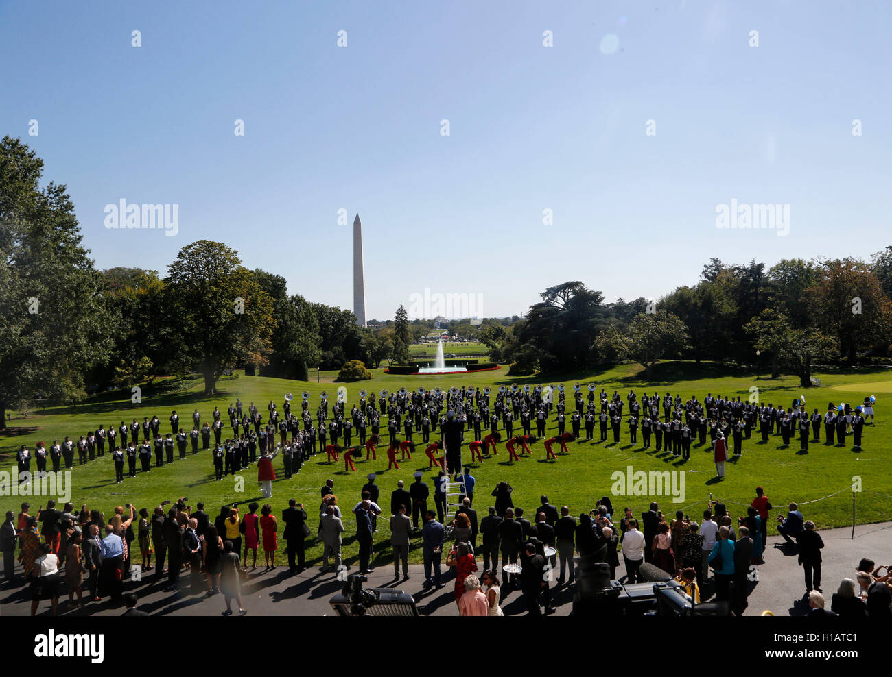 The Tennessee State Marching Band performs on the South Lawn of the White House during a reception in honor of the opening of the Smithsonian National Museum of African American History and Culture September 22, 2016, Washington, DC. Credit: Aude Guerrucci/Pool via CNP - NO WIRE SERVICE - Stock Photo
