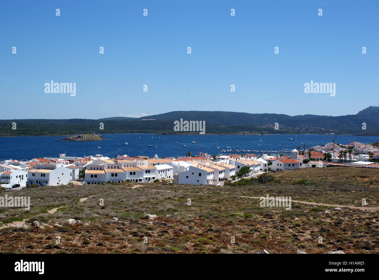 View of Cala Fornells and Fornells village from Torre de Fornells, Menorca, Spain Stock Photo