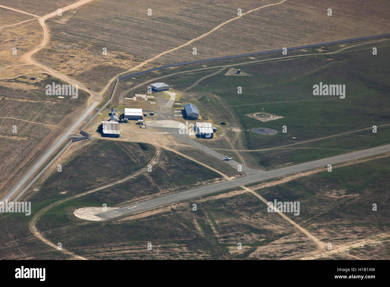 Aerial photograph of the airfield in Harrismith with its hangars and landig strip, Freestate, South Africa Stock Photo