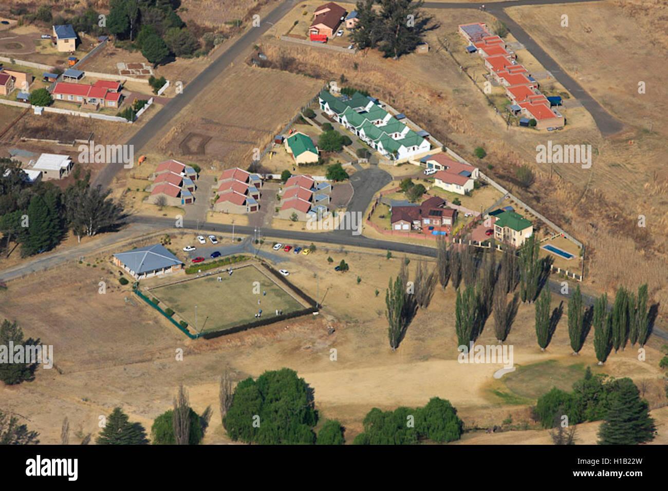 Aerial photograph of a residential area in Harrismith with its sports ground, Freestate, South Africa Stock Photo