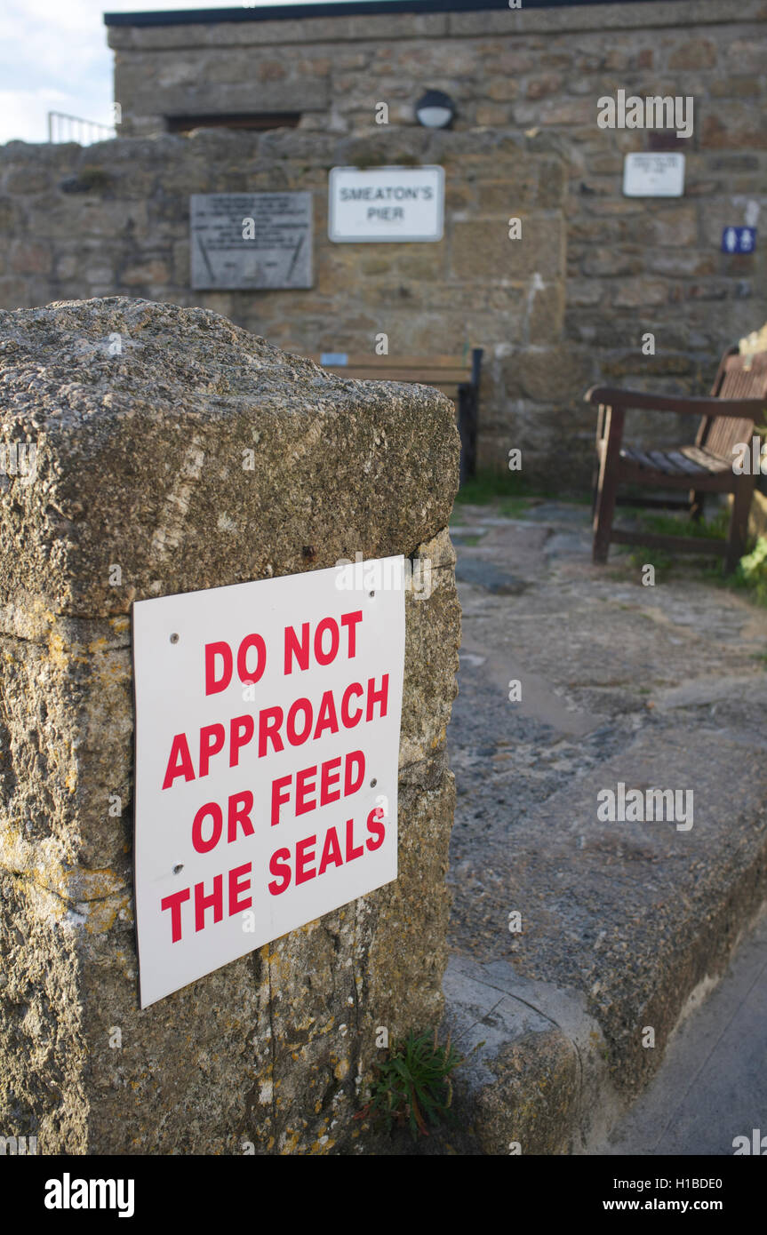 Warning sign: do not approach or feed the seals in St Ives harbour Stock Photo