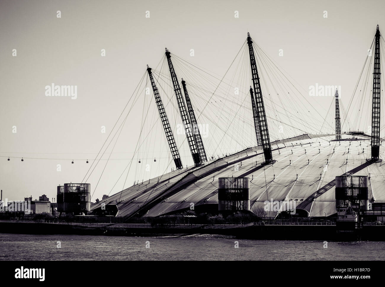 LONDON, UK - MARCH 16, 2014: The Millennium Dome, London's famous entertainment and shopping arena. Processed in black and white Stock Photo