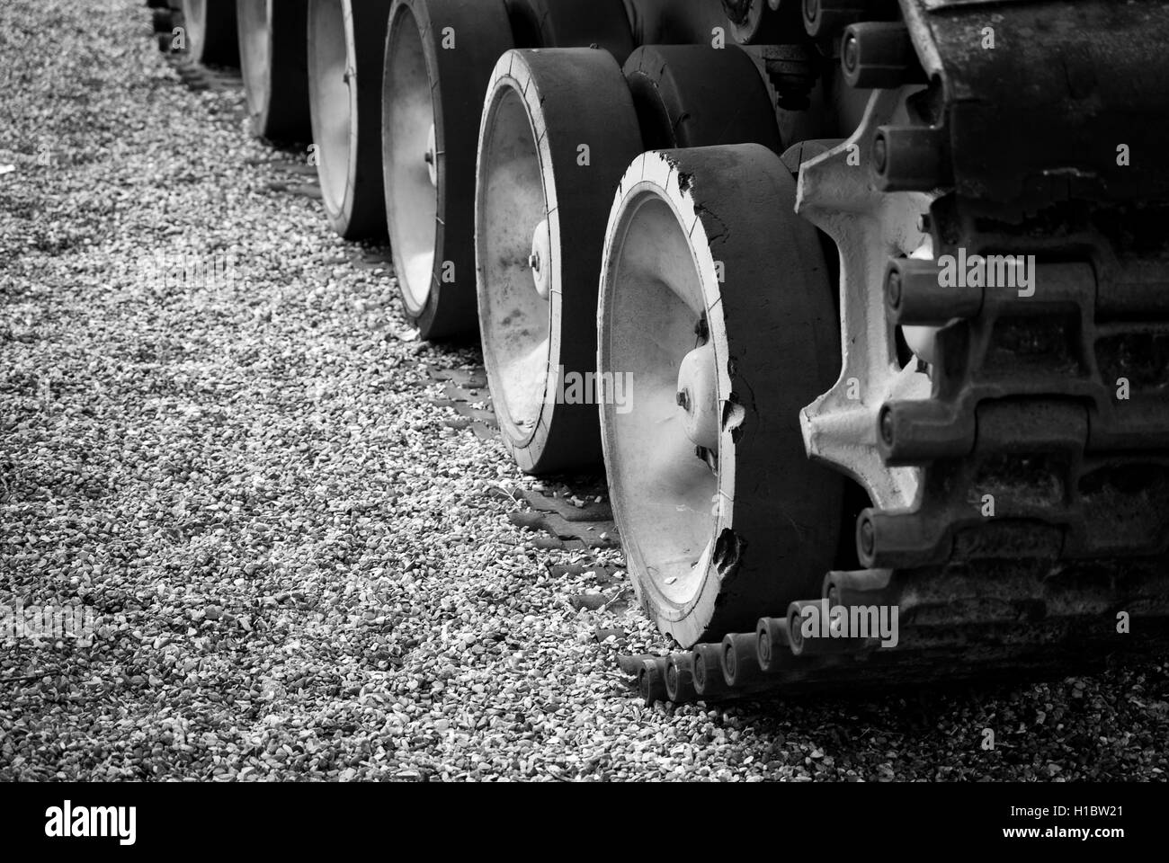 close-up black and white photo of a caterpillar track Stock Photo