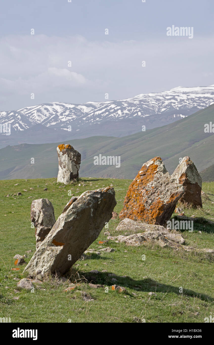 Armenian Stonehenge, Carahunge stone circle, is 7500 year old megalithic site for astronomical observation. Stock Photo