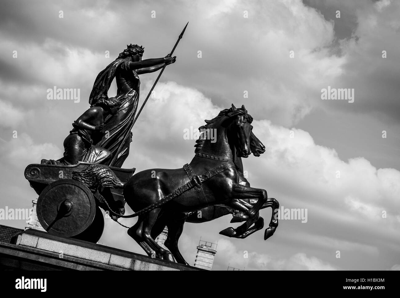 LONDON, UK - MAY 25, 2014: Queen Boudica Monument at Westminster Pier in Central London. Processed in black and white. Stock Photo