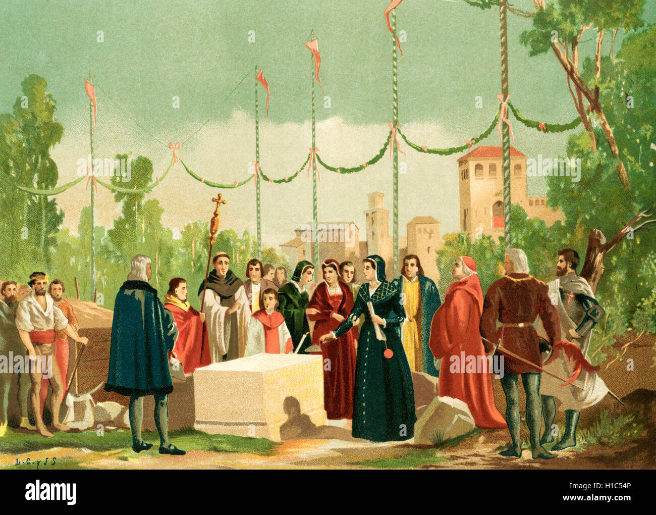 The founding of El Hospital de la Concepción de Nuestra Señora, aka Hospital de la Latina or Hospital de la Concepción, Madrid, Spain by Francisco Ramírez “el Artillero” and his wife Beatriz Galindo de Vera 'La Latina' in 1499.  Francisco Ramírez de Madrid, died 1501.  Spanish artillery officer, counselor of the Catholic Monarchs and Secretary of King Ferdinand II of Aragon.  Beatriz Galindo, La Latina, sometimes spelled Beatrix, c.1465 - 1534.   Spanish Latinist, educator, writer, humanist and a teacher of Queen Isabella of Castile and her children. Stock Photo