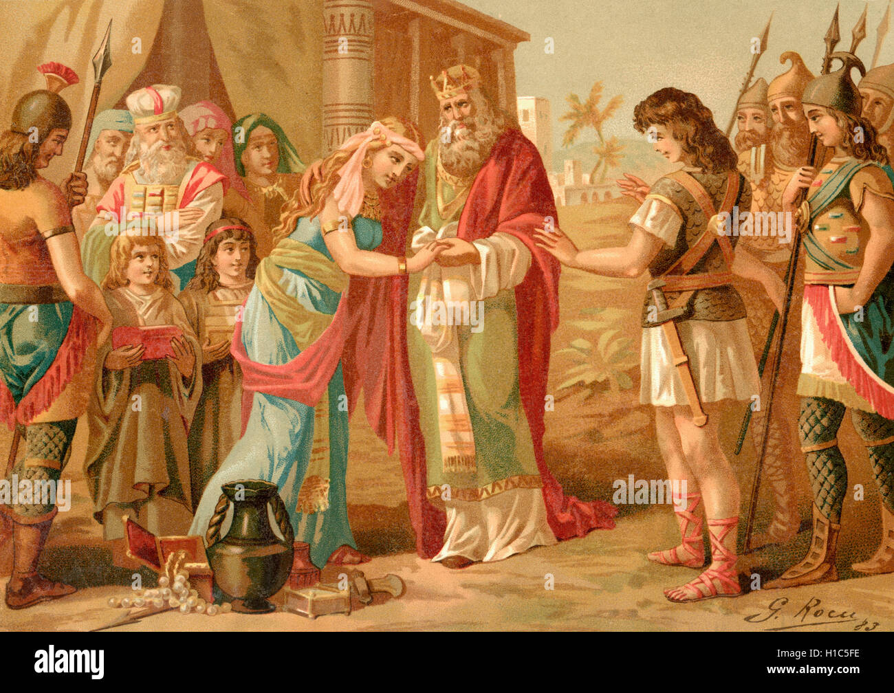 King Saul of Israel (centre) gives his daughter Michal's hand in marriage to David.  David, according to the Hebrew Bible, was the second king of the united Kingdom of Israel and Judah, reigning in c. 1010–970 BC Stock Photo