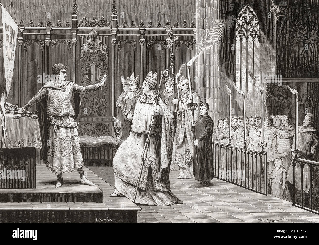 The coronation of Peter IV as King of Aragon in 1336.   Peter IV, 1319 – 1387.  King of Aragon, King of Sardinia and Corsica as Peter I, King of Valencia as Peter II, and Count of Barcelona and the rest of the Principality of Catalonia as Peter III. Stock Photo