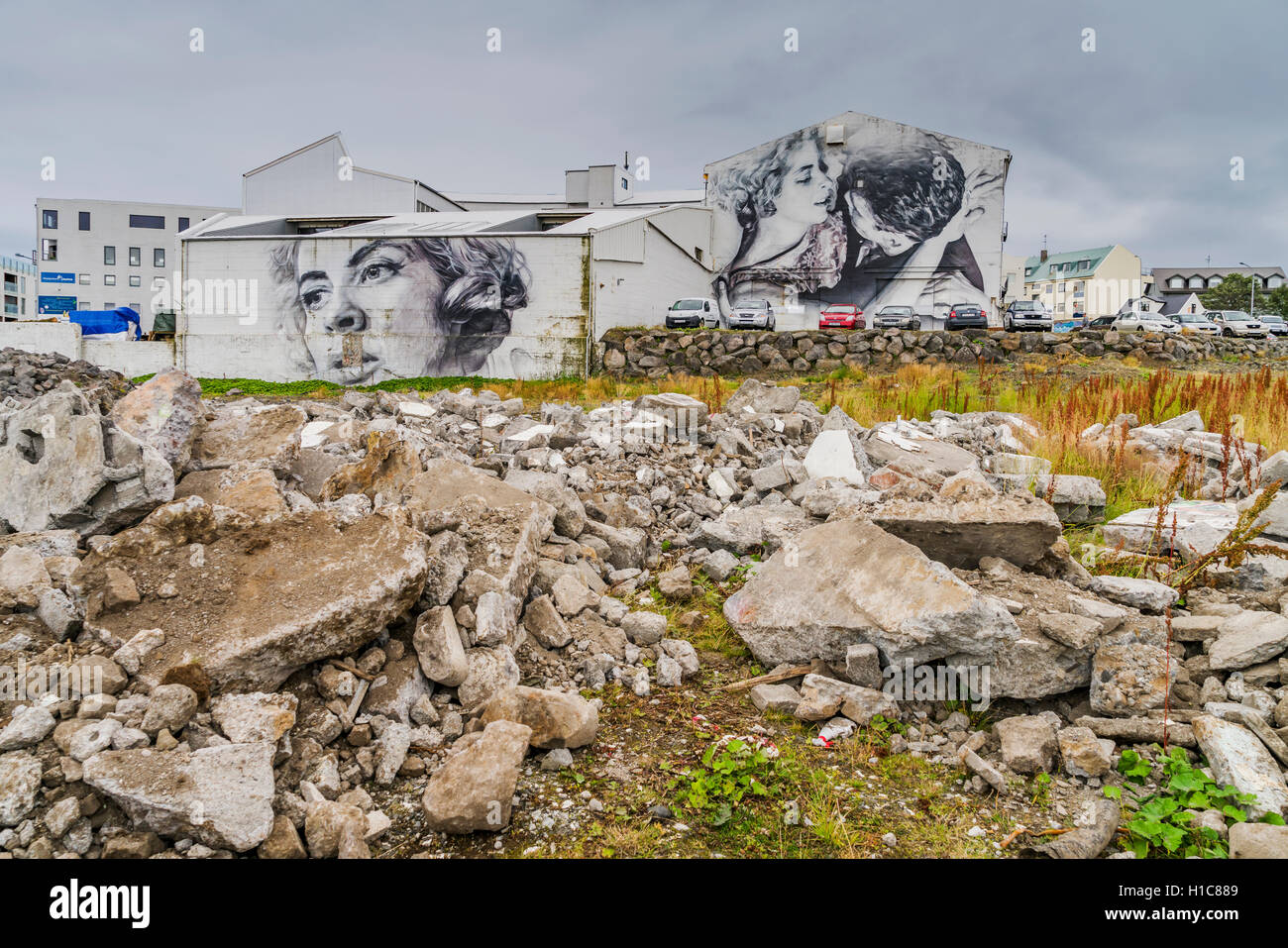Painted murals by empty lot,  Reykjavik, Iceland Stock Photo