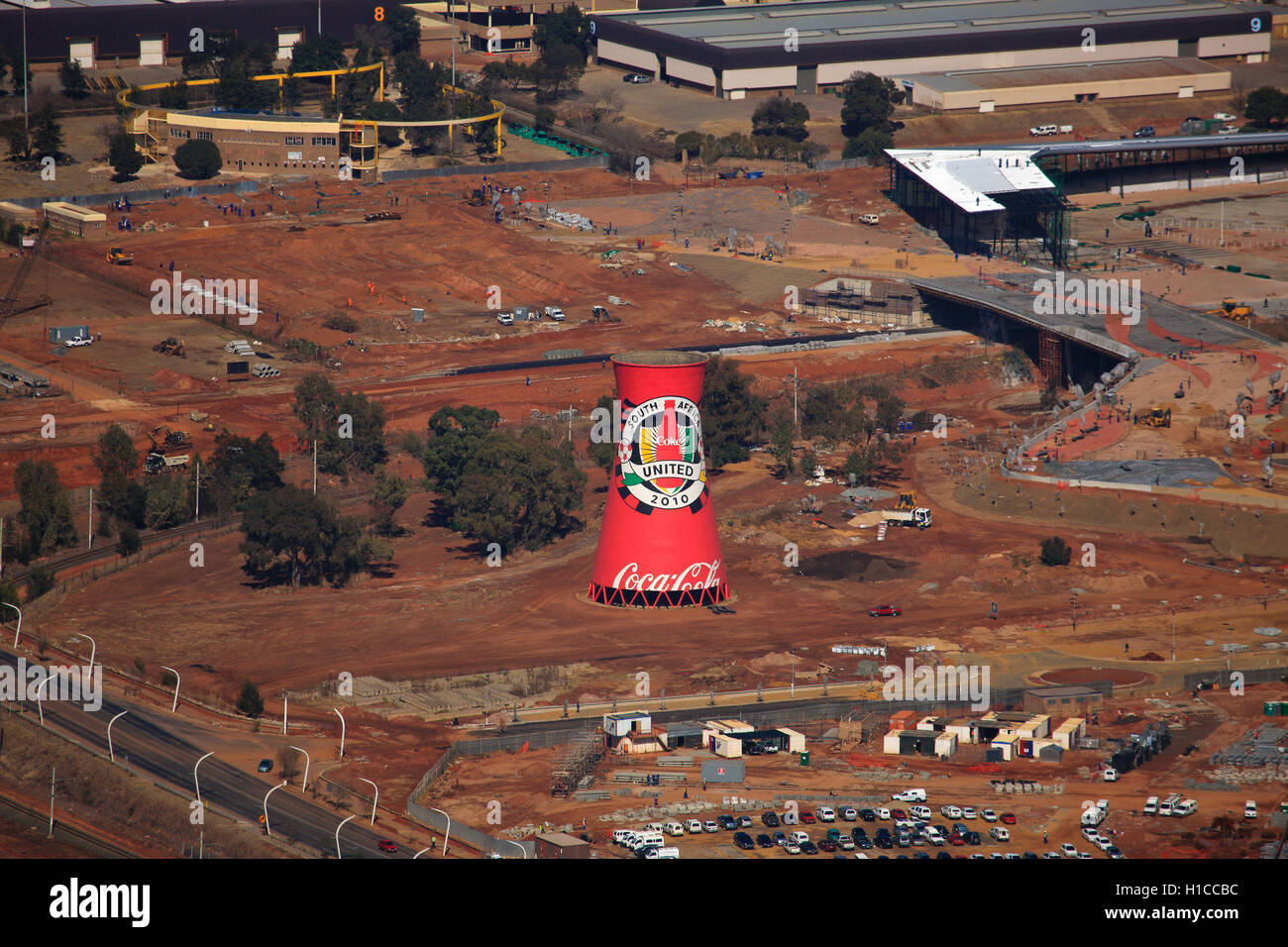 Aerial photograph of the painted cooling tower next to the FNB-Stadium, Johannesburg, Gauteng, South Africa Stock Photo