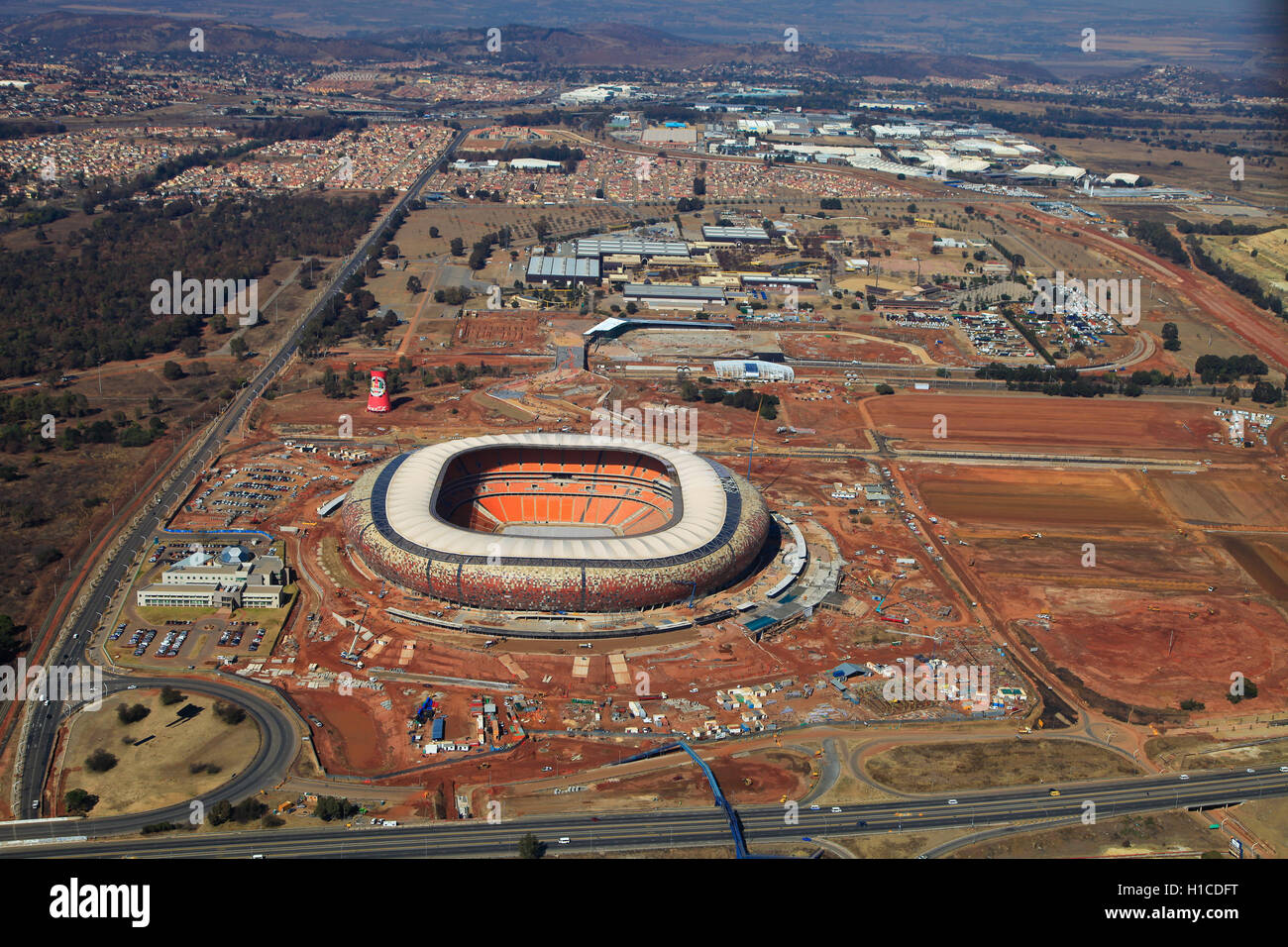 Aerial photograph of the Soccer-City, FNB-Stadium in Johannesburg, Gauteng, South Africa Stock Photo