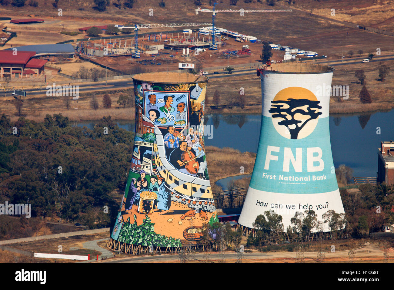 Aerial photograph of the painted cooling towers in Soweto, Johannesburg