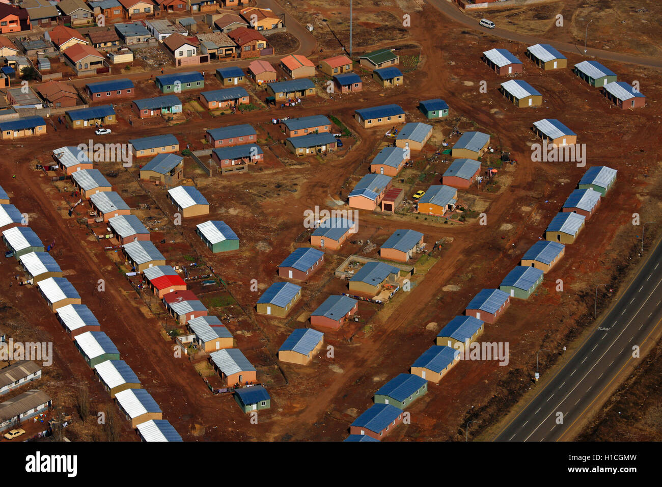 Aerial photograph of low-cost-housing development in Klipspruit, Soweto, Johannesburg, Gauteng, South Africa Stock Photo