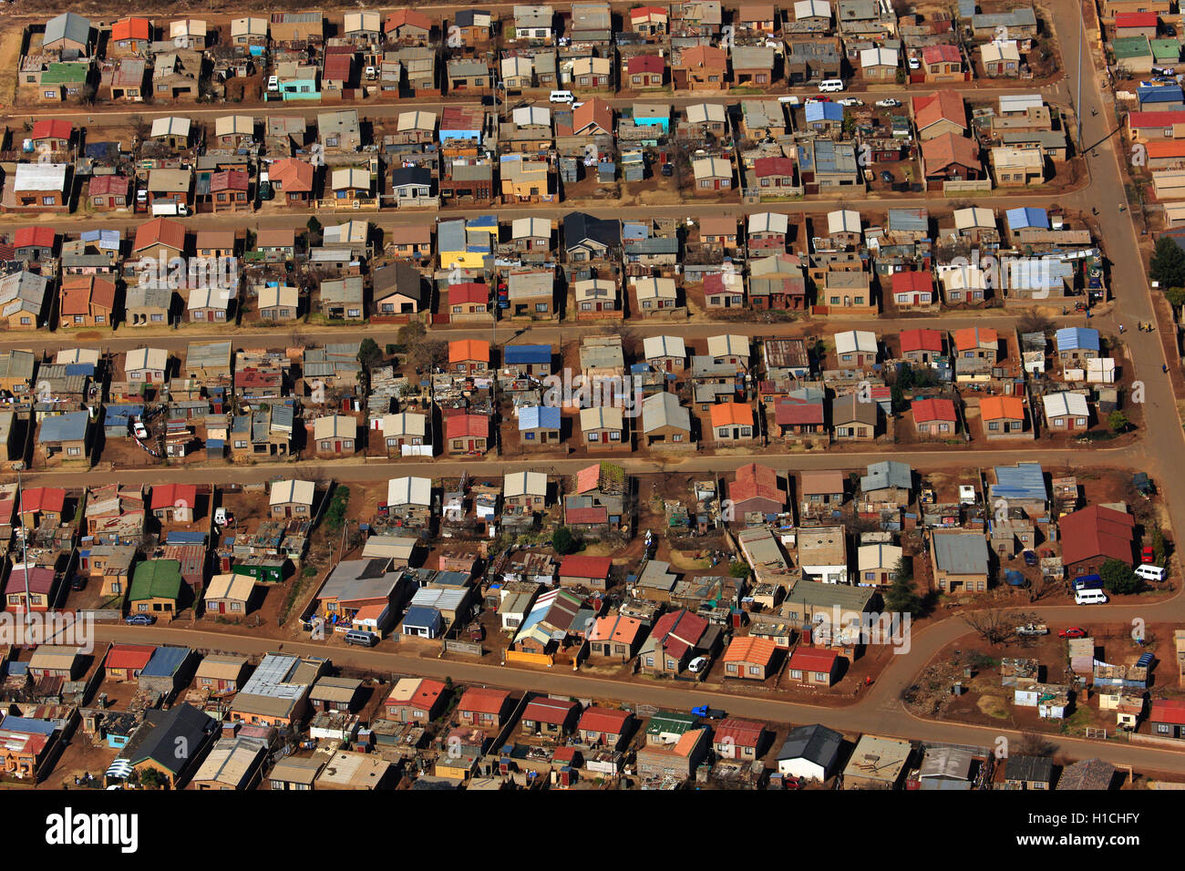 Aerial photograph of low-cost-housing in Thulani, Soweto, Johannesburg, Gauteng, South Africa Stock Photo