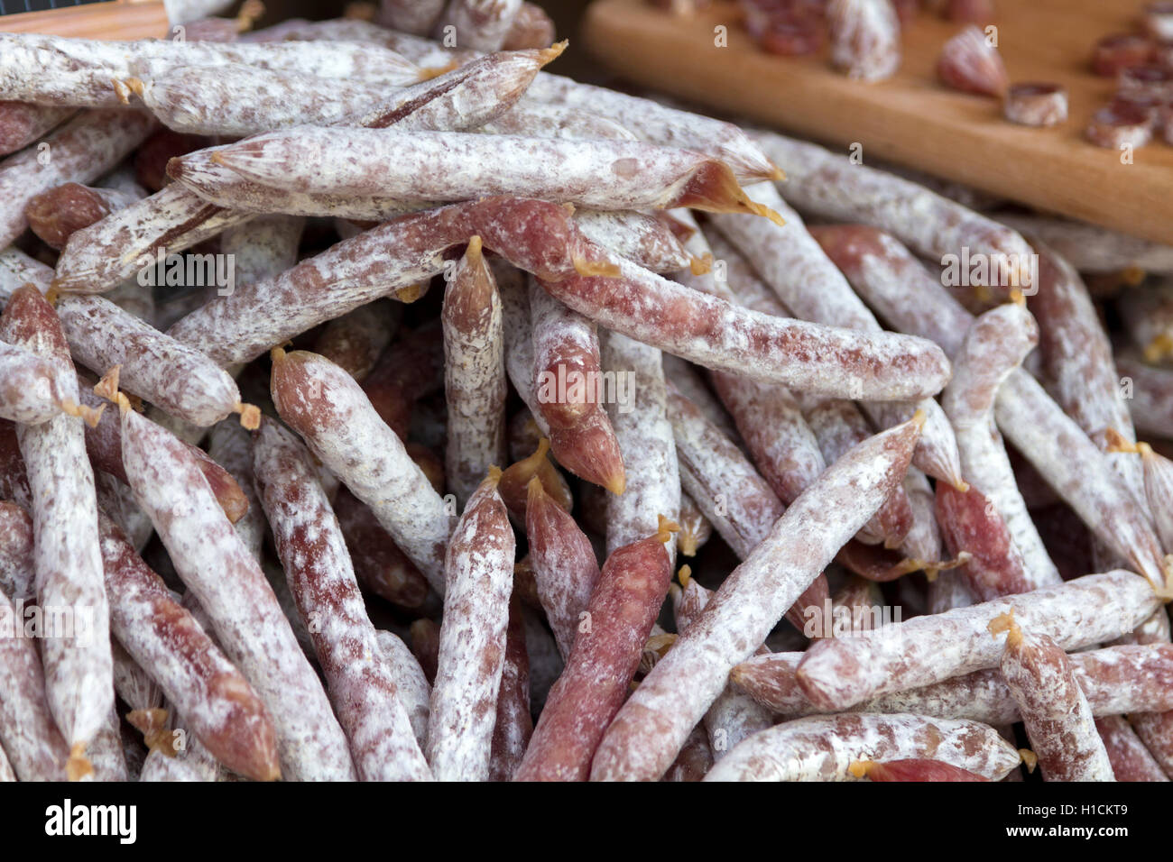 Traditional French handmade sausage at the market in Paris France