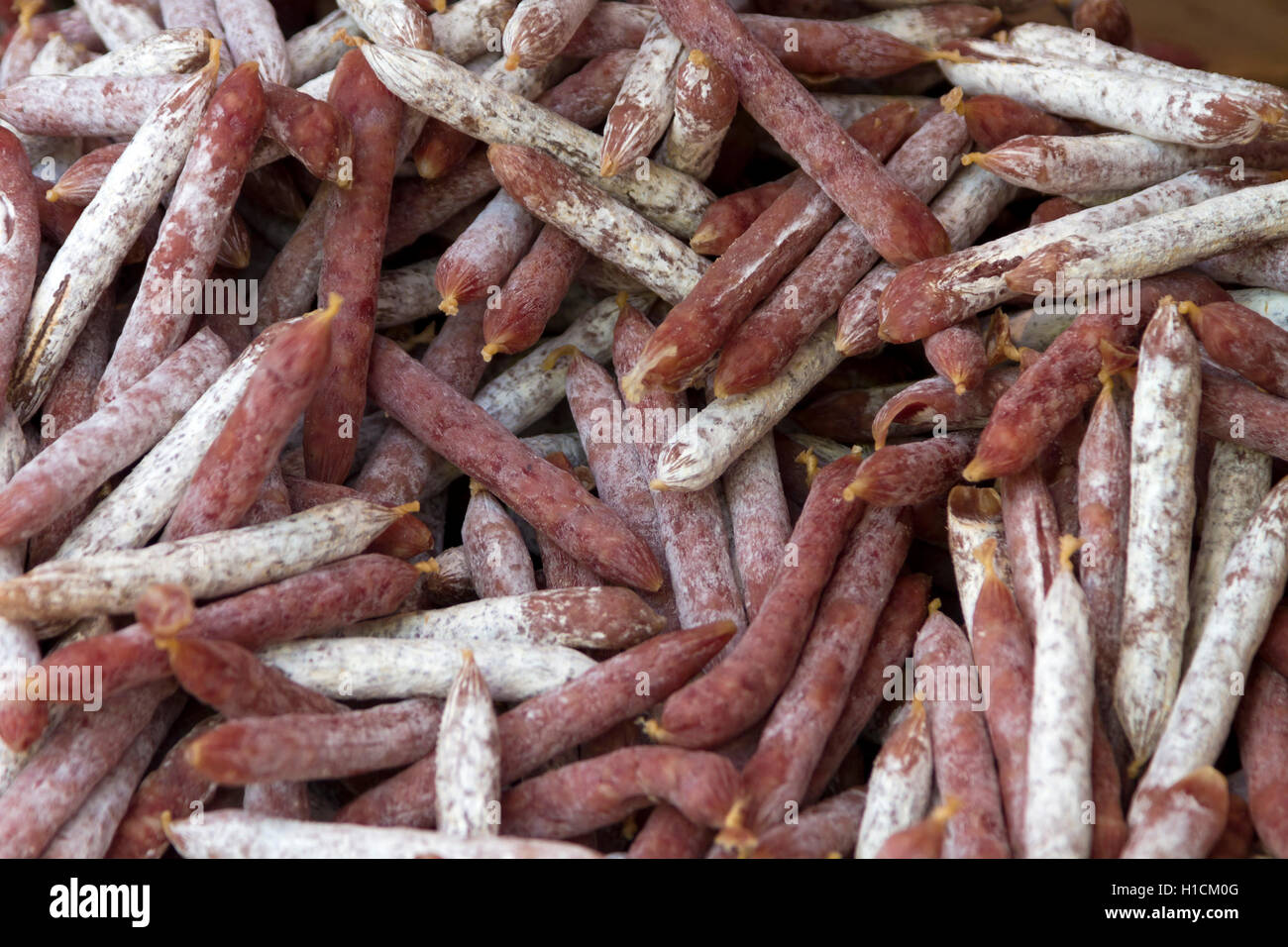 Traditional French handmade sausage at the market in Paris France